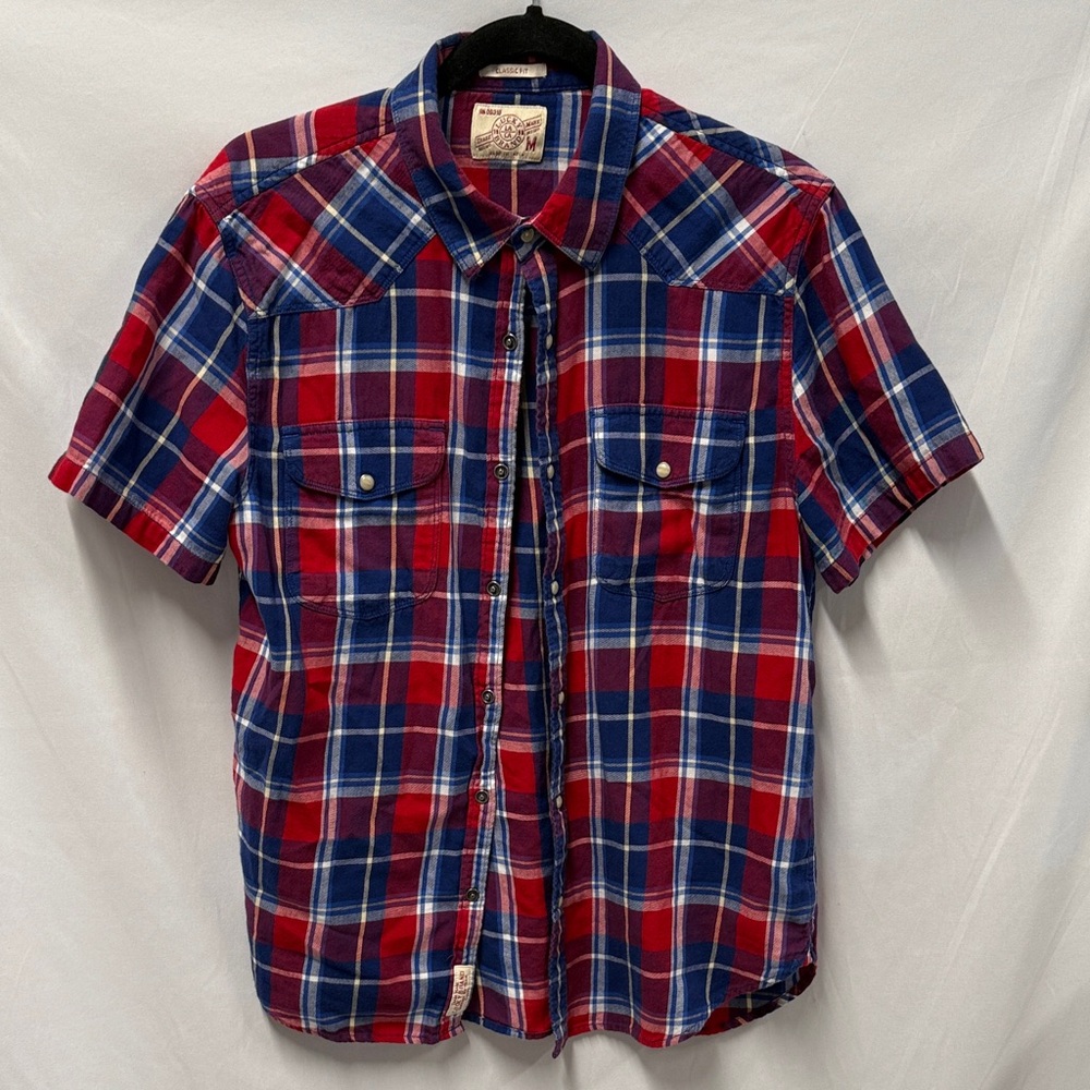 Lucky Brand Red and Blue Checkered Button-Down Short-Sleeve Woven Shirt